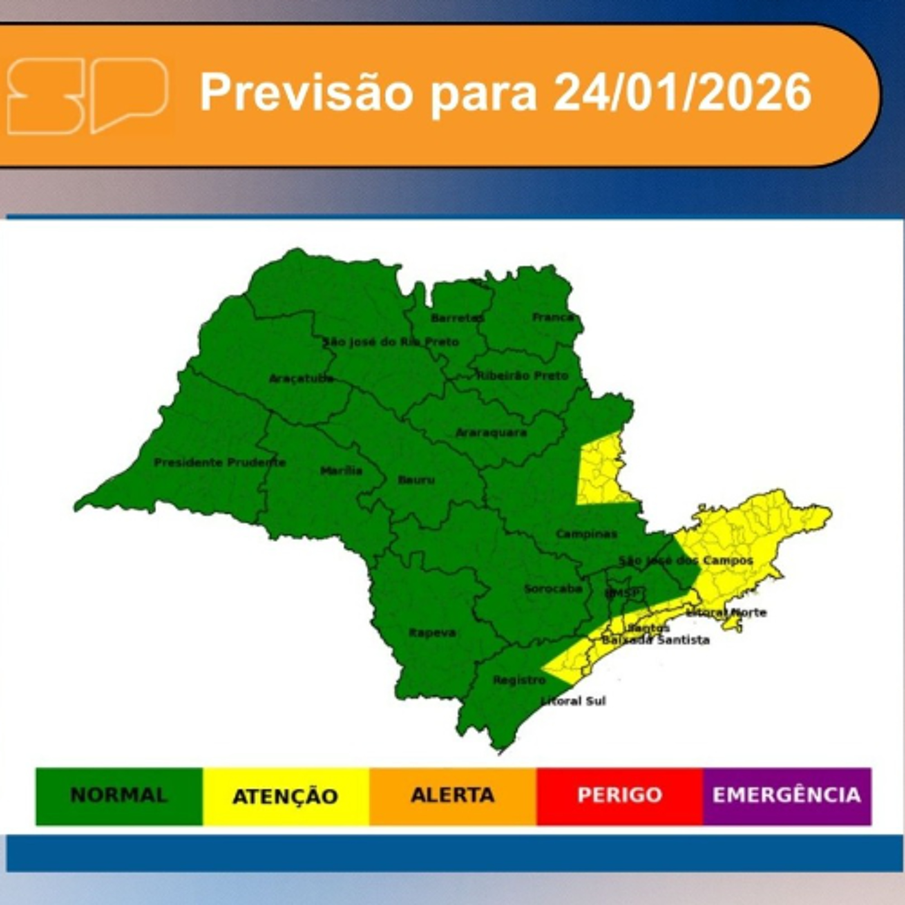 Defesa Civil - Sábado,  dia 24/01/2026,  dia é de tempo nublado na faixa leste e sol entre nuvens no interior paulista