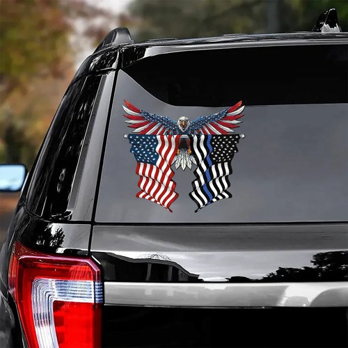 Thin blue line flag in Honor of Law Enforcement and eagle with American flag car sticker