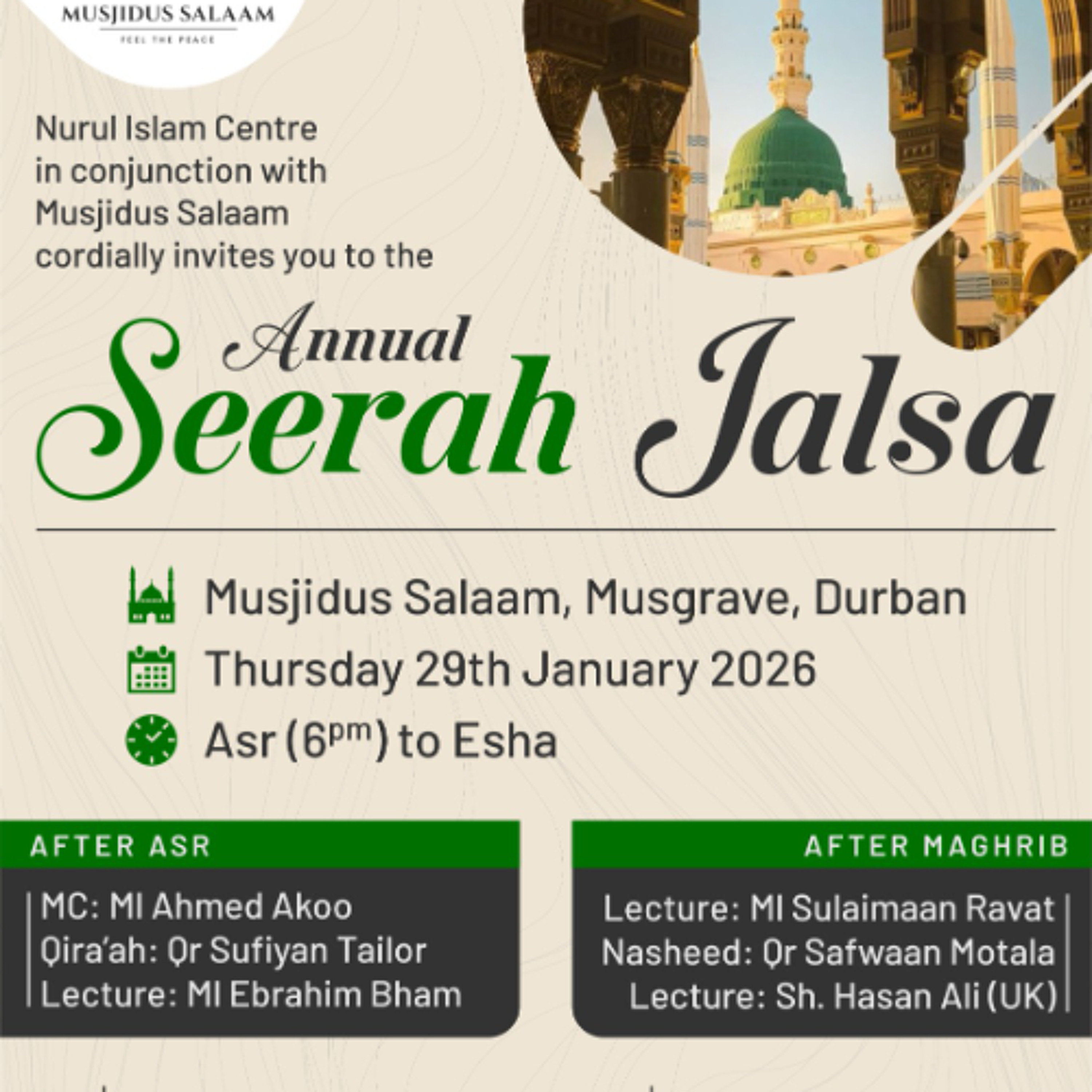 Lecture by Sh Hasan Ali (UK) at the Musjidus Salaam,Musgrave Durban