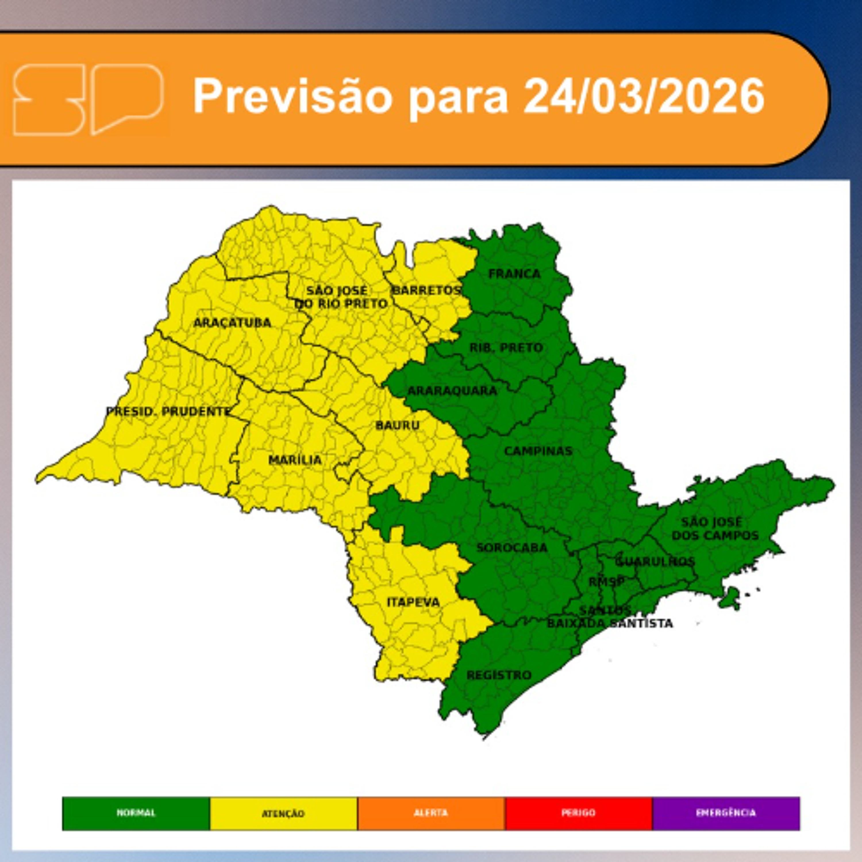 Defesa Civil - Nesta Terça-feira, dia 24/03/2026,  dia será marcado pelo Sol entre poucas nuvens em grande parte do Estado de São Paulo