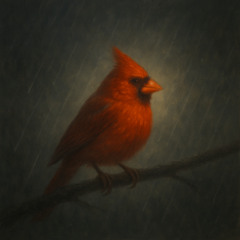 A cardinal perched in the drizzle, glowing softly against the washed-out sky