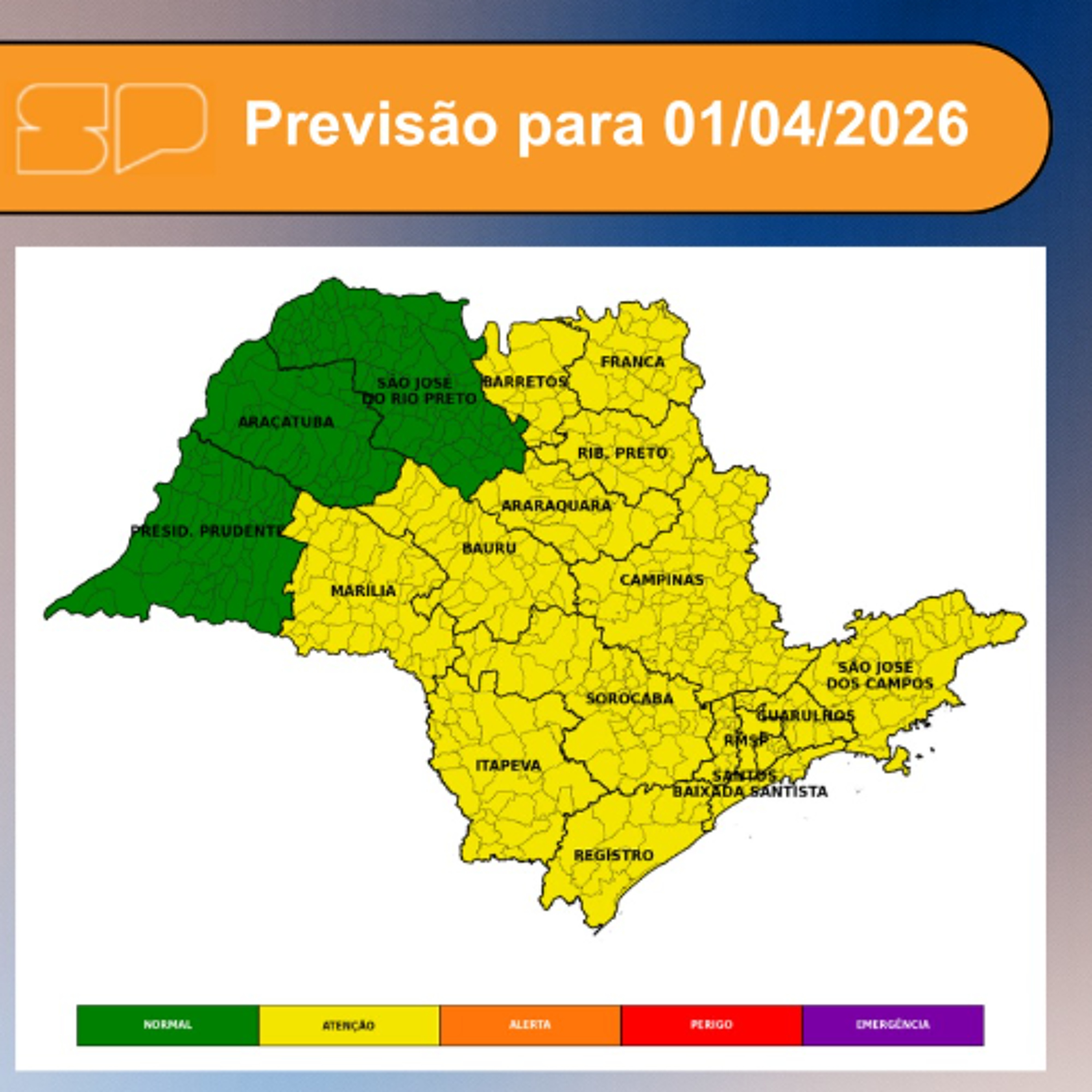Defesa Civil - Nesta Quarta, dia 01/04/2026, o dia será de sol entre muitas nuvens em grande parte do estado de São Paulo