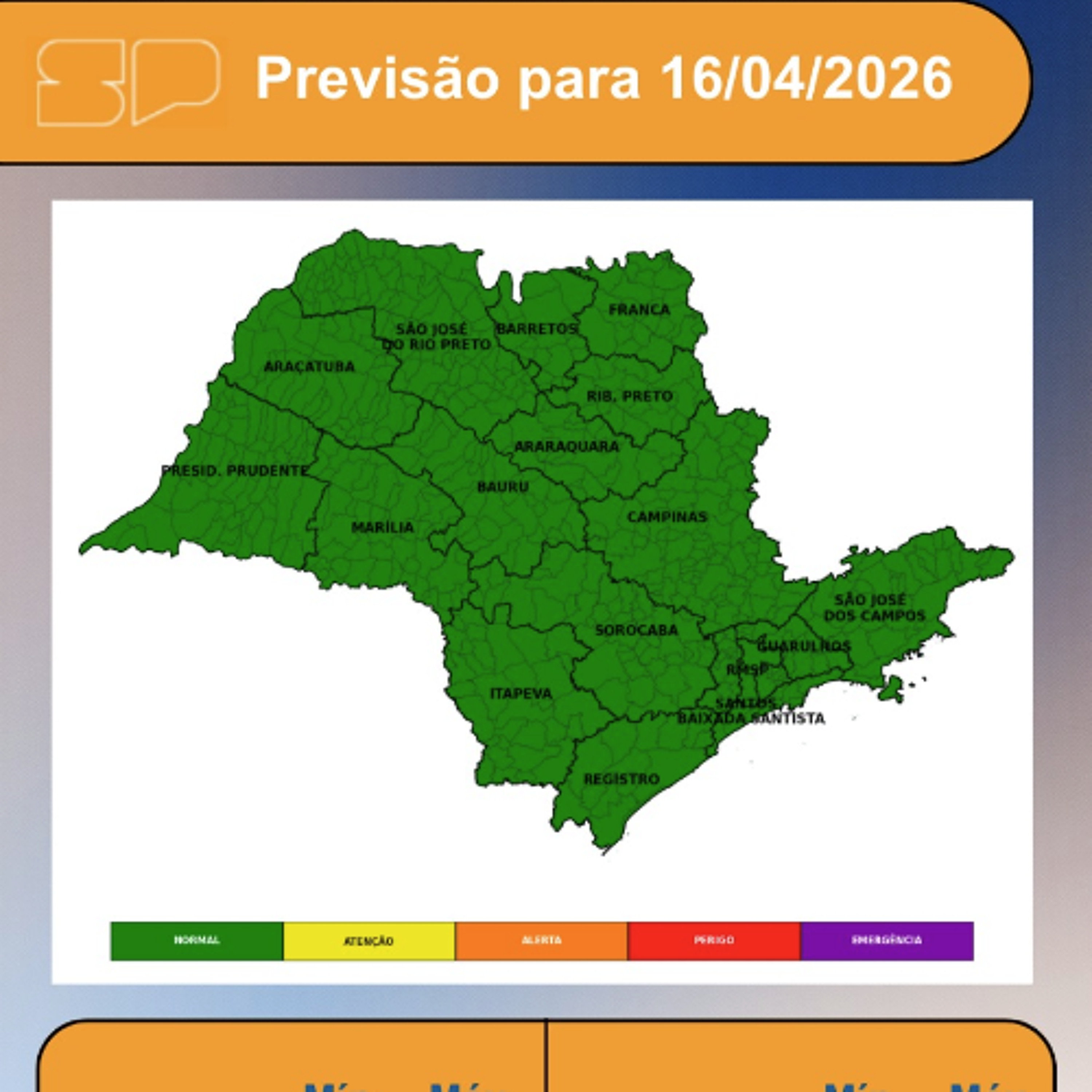 Defesa Civil - Quinta-feira, dia 16/04/2026, o dia começa com predomínio de sol e poucas nuvens em todo o estado de São Paulo