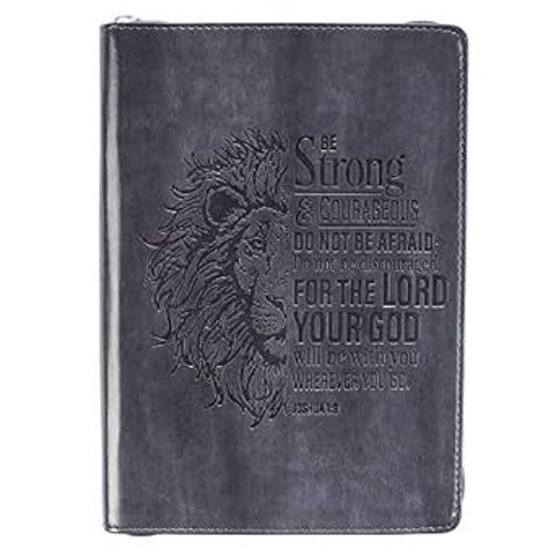 ❤PDF✔ Classic Faux Leather Journal Be Strong and Courageous Lion Joshua 1:9 Bible Verse Gray In