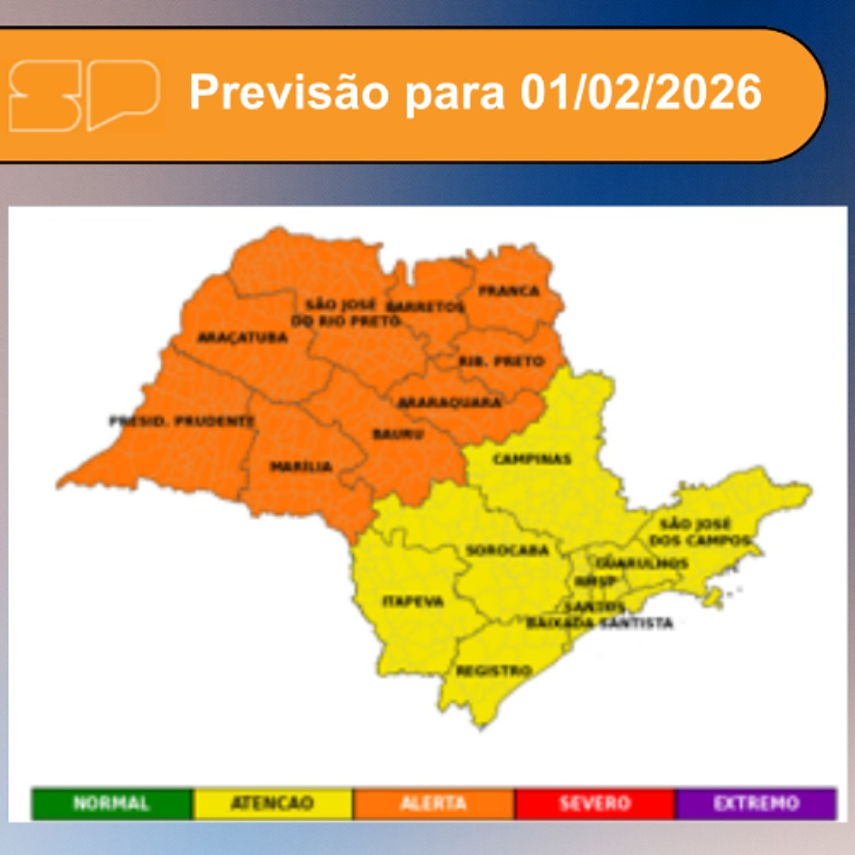 Defesa Civil - Domingo, dia 01/02/2026, o dia será marcado pelo Sol entre muitas nuvens, favorecendo a gradativa elevação das temperaturas e a sensação de abafamento