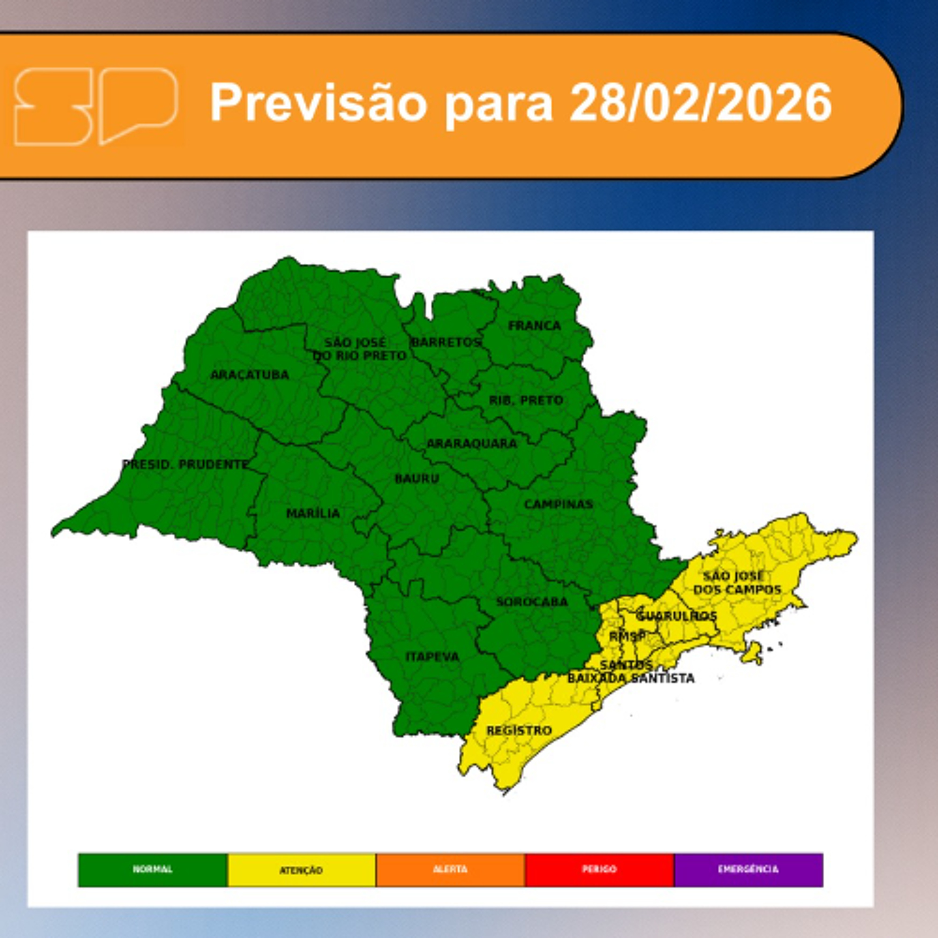 Defesa Civil - Sábado, dia 28/02/2026, um sistema de alta pressão favorece a diminuição das chuvas