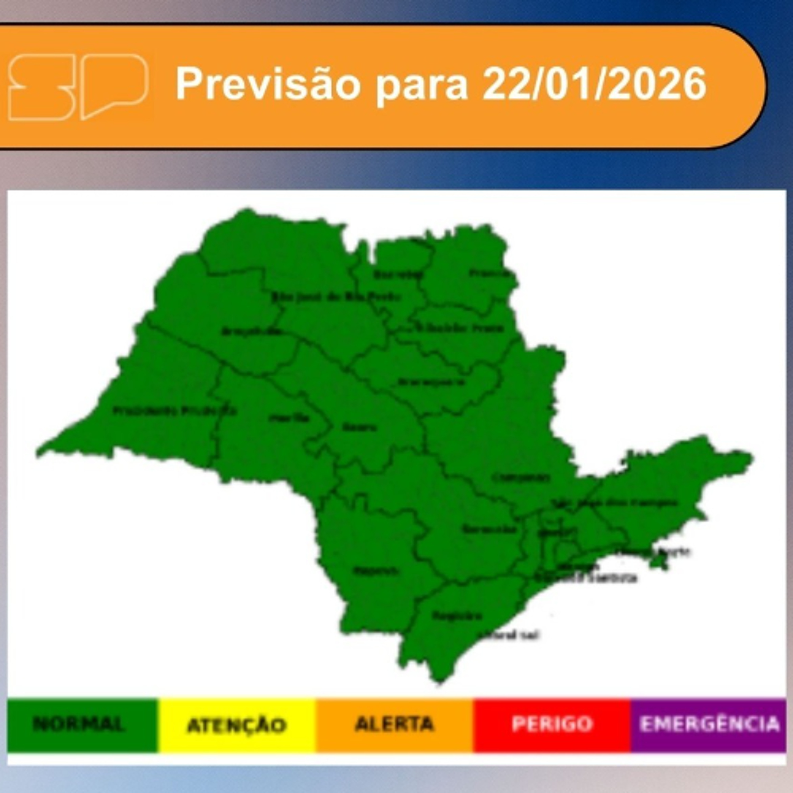 Defesa Civil - Quinta-feira, dia 22/01/2026,  será marcada por Sol entre algumas nuvens em todo o Estado de São Paulo