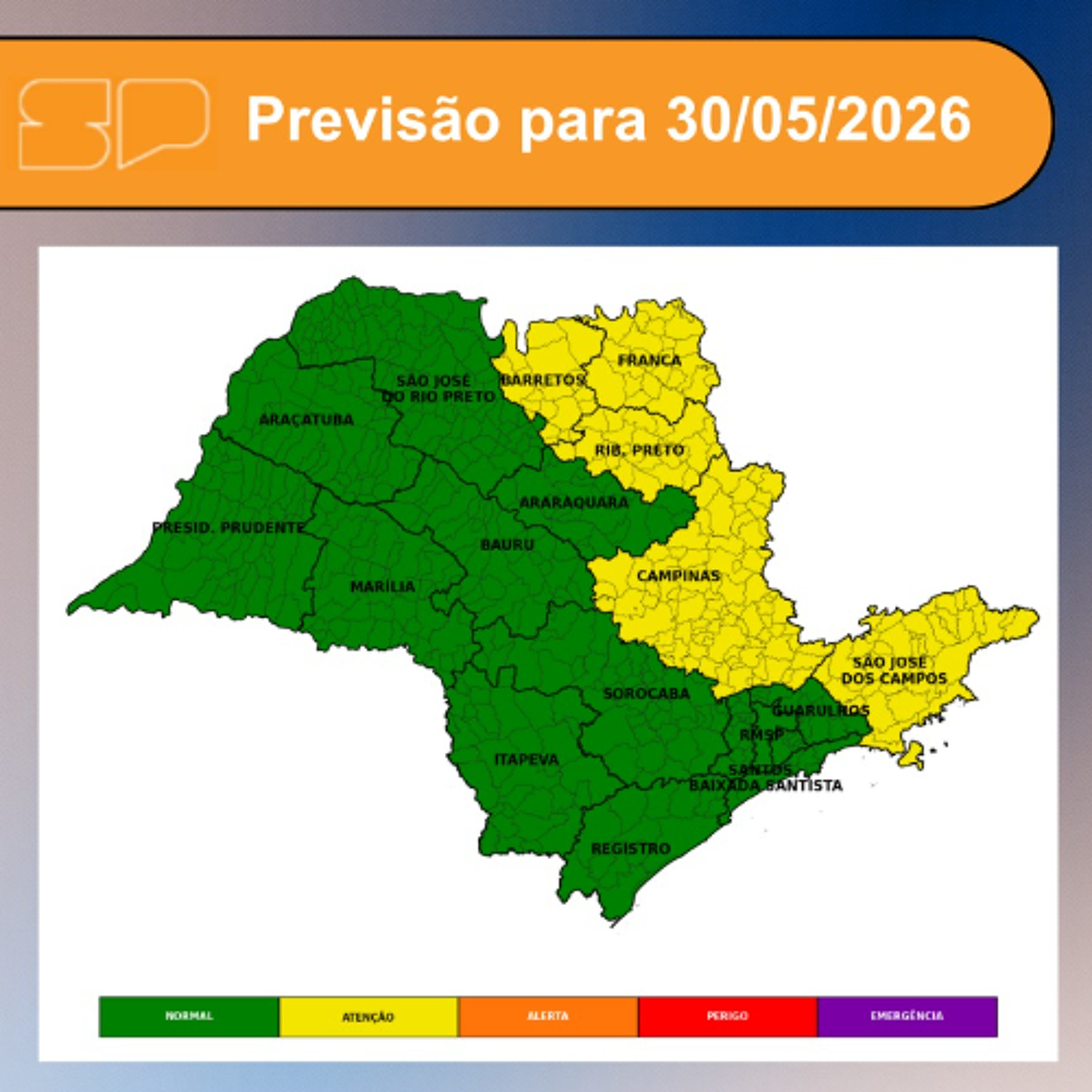 Defesa Civil - Sábado, dia 30/05, o dia começa com sol entre muitas nuvens na maior parte do estado de São Paulo