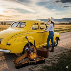 A note ,old car and a six string guitar