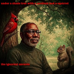 under a shade tree with a cardinal and a squirrel