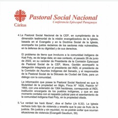 Juan Bautista, La Pastoral Social emitió un comunicado sobre incidentes en el Distrito de Itakyry