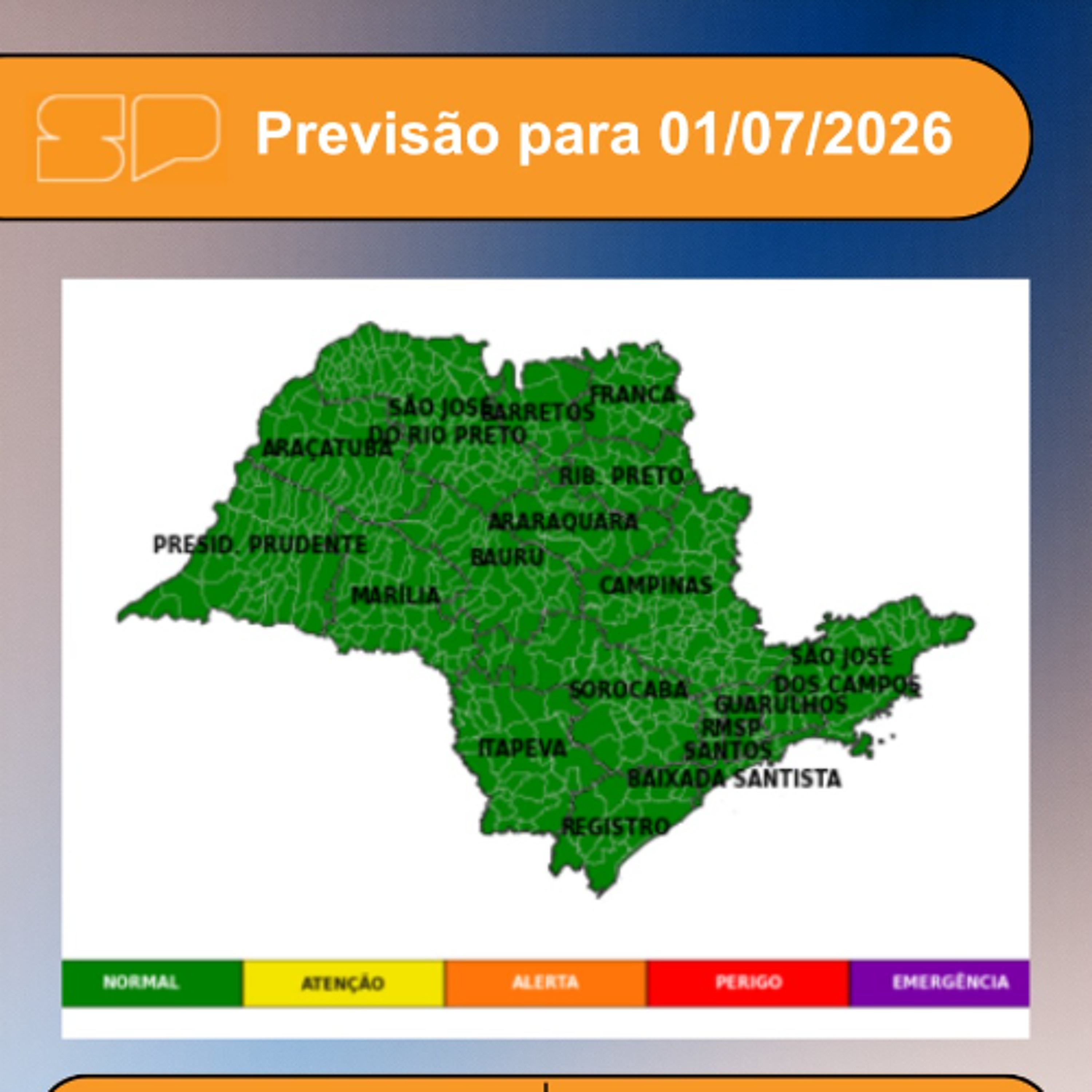 Defesa Civil - Quarta-Feira, dia 01/07, dia começa com céu claro entre poucas nuvens e tempo firme em todas as áreas do estado de São Paulo