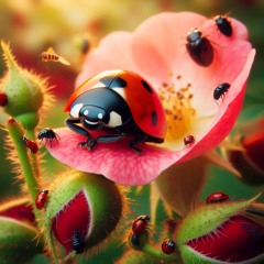 Seven-spot ladybird eating aphids on a rose bush