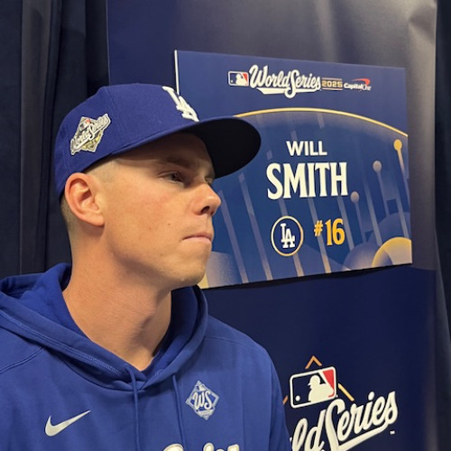 Oct 24 - Jeff Teolis with Dodgers' Will Smith, Tyler Glasnow, Tommy Edman, and Michael Kopech - Baseball Playoff Report