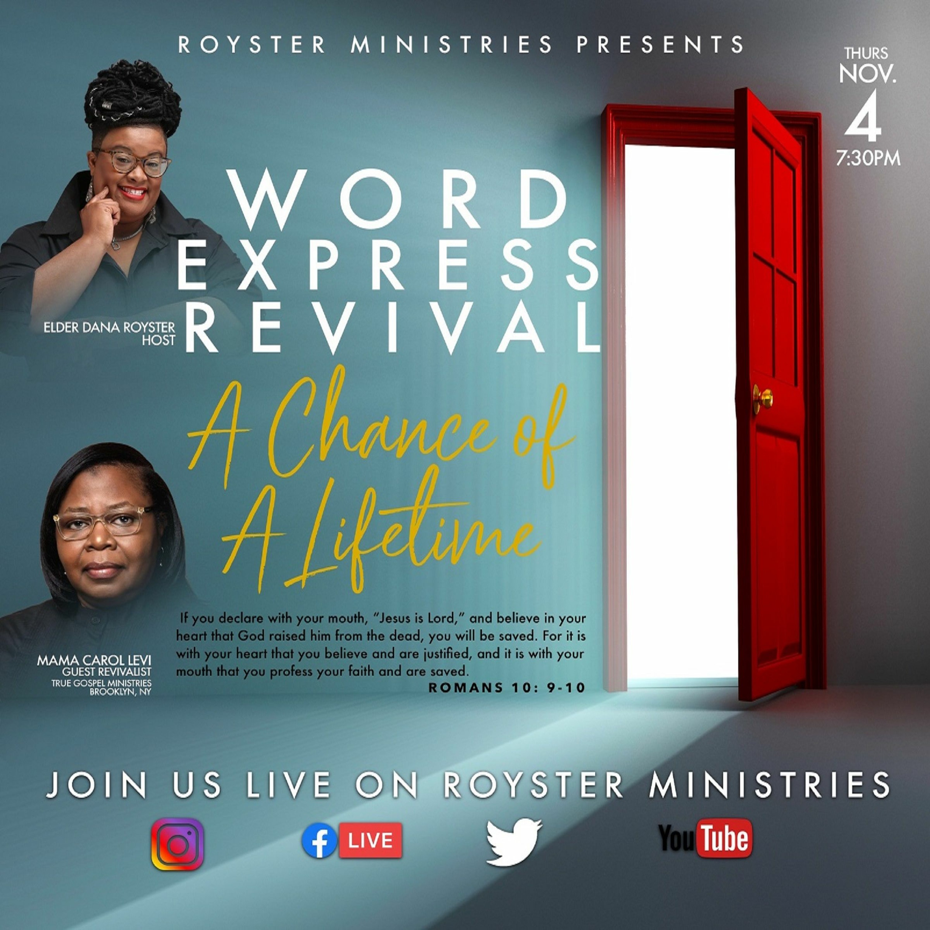 Royster Ministries Presents Word Express Revival. Guest Speaker Carol Levi  11-04-2021