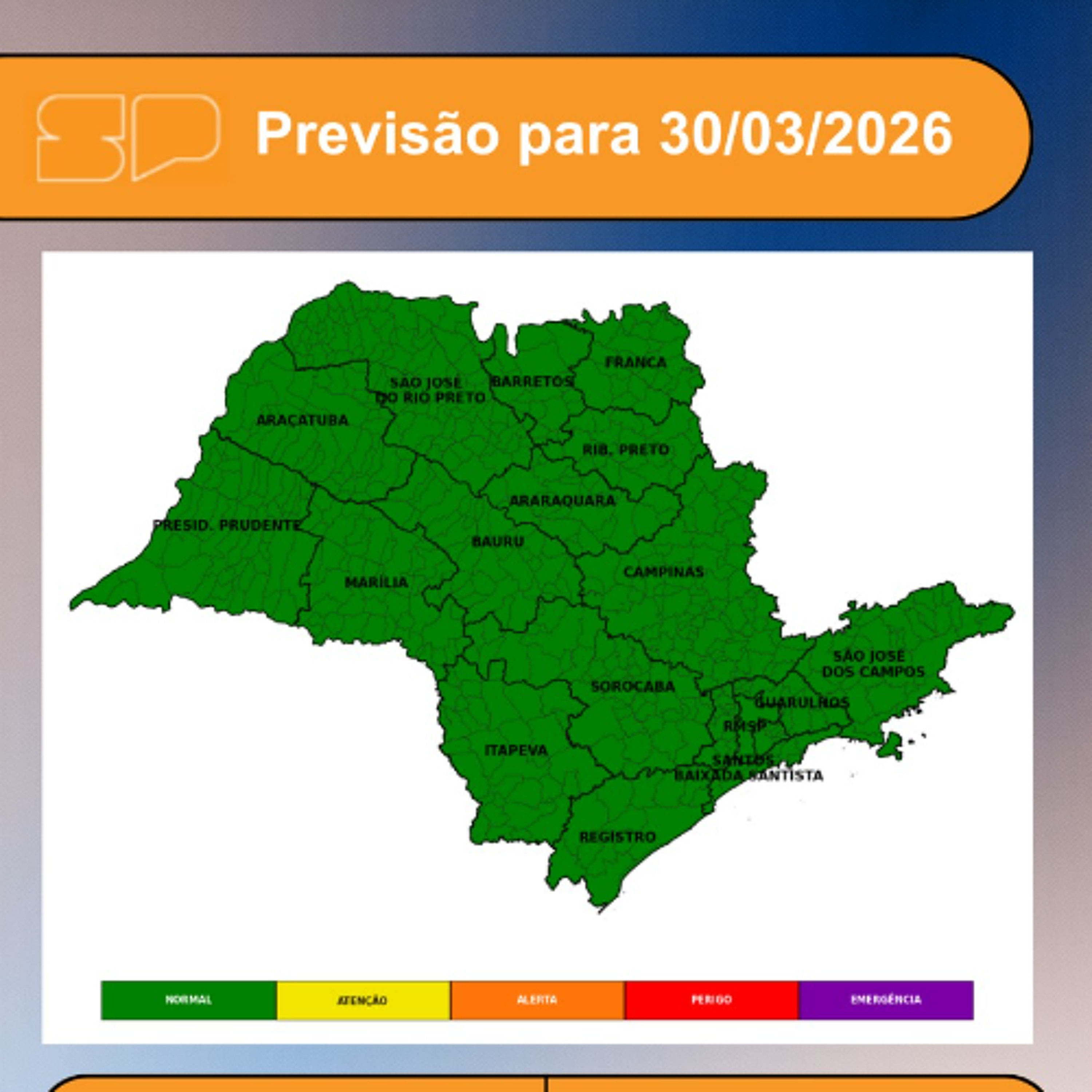 Defesa Civil - Nesta segunda, dia 30/03/2026, o dia será de sol entre poucas nuvens