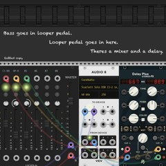 Bass goes in looper pedal. Looper pedal goes in here. There's a mixer and a delay.