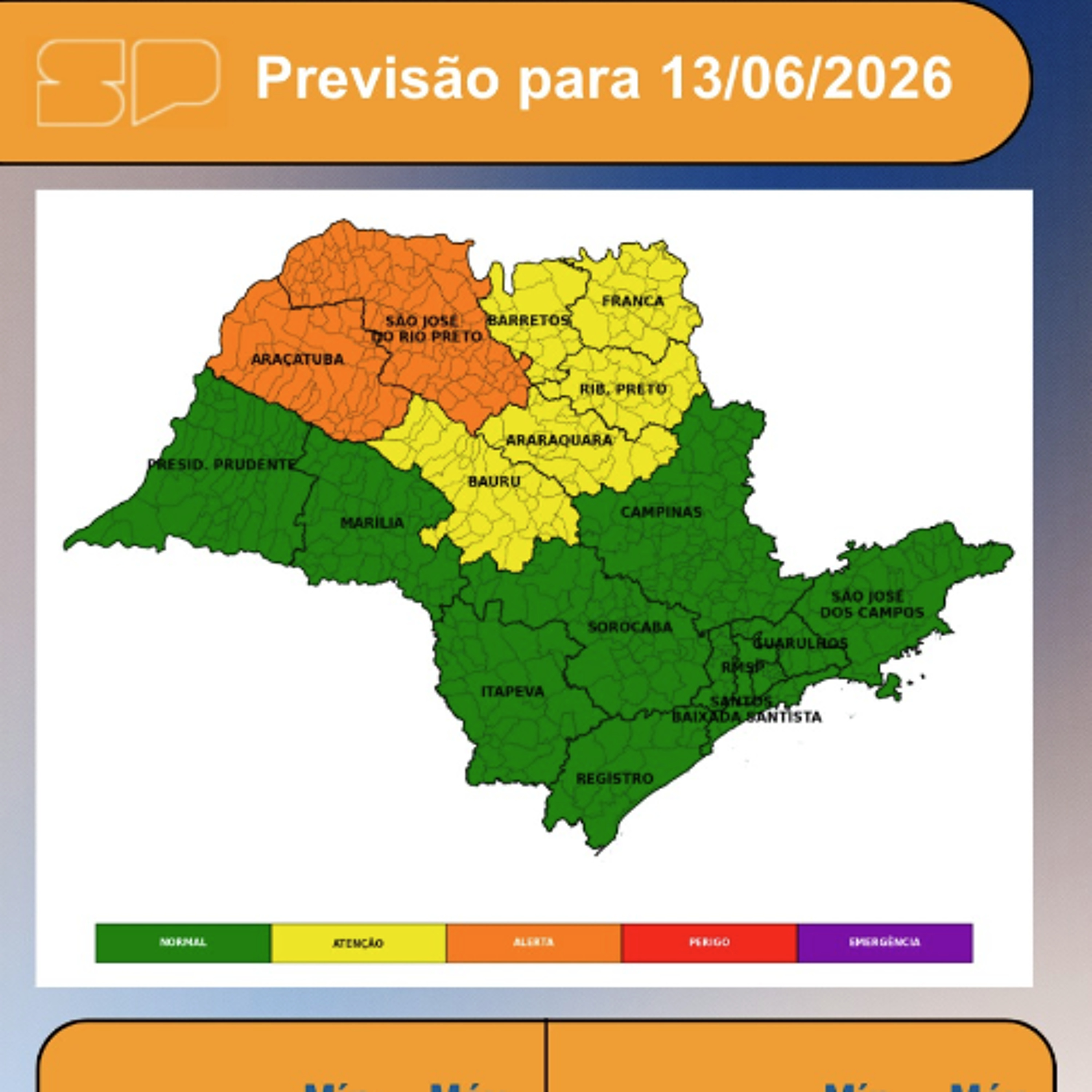 Defesa Civil - Sábado, dia 13/06,  a atuação de um cavado meteorológico e a passagem de uma frente fria bem afastada da costa da Região Sudeste aumentam o potencial para chuvas fortes em diversas regiões paulistas