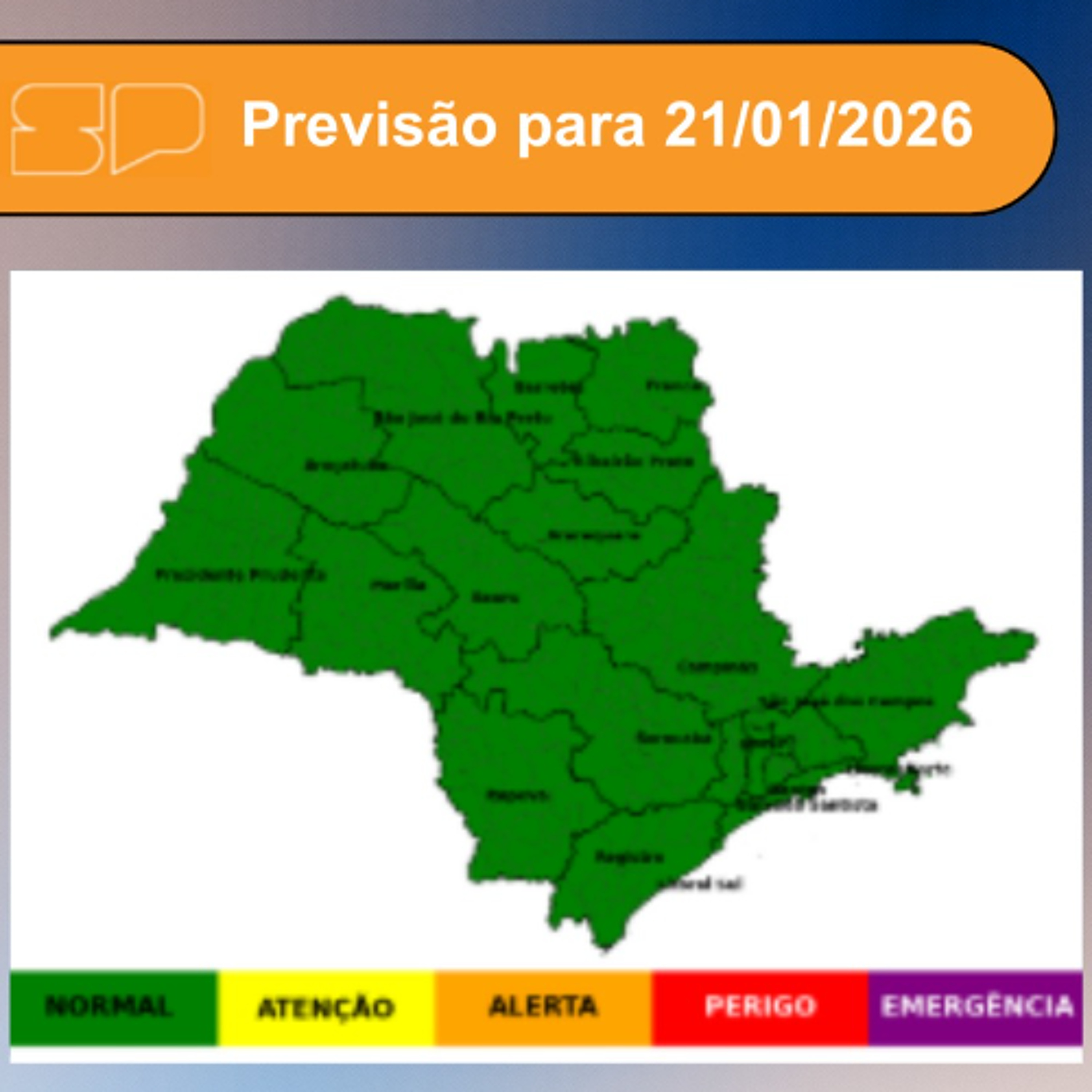 Defesa Civil - Quarta-feira, dia 21/01/2026,  dia será marcado por sol entre algumas nuvens, devido à atuação de uma massa de ar seco e fria sobre o Estado de São Paulo