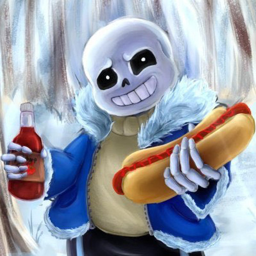 Sans with glowing blue eye on a black background, pixelated art style