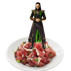 Loki on a dish of marinated fish