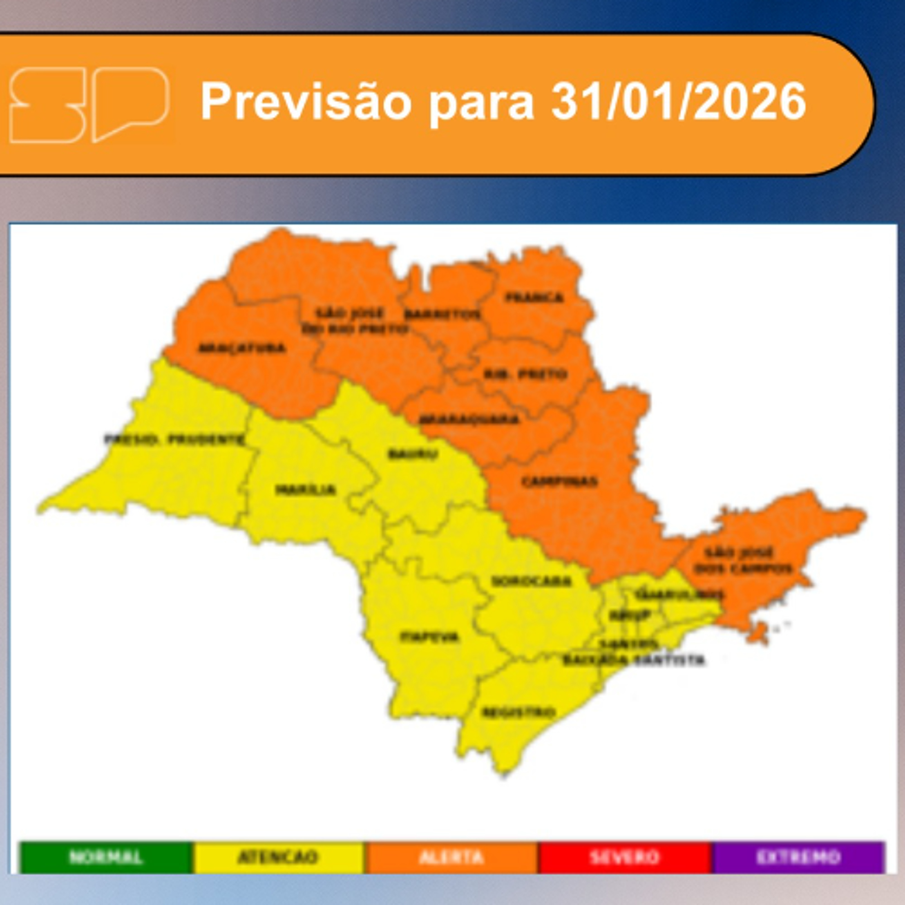 Defesa Civil - Sábado, dia 31/01/2026, a frente fria começa a se afastar do Estado de São Paulo