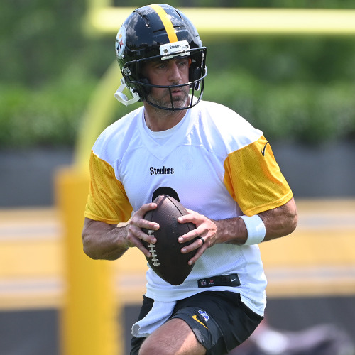 NFL: Pittsburgh Steelers Minicamp. Jun 10, 2025; Pittsburgh, PA, USA; Pittsburgh Steelers quarterback Aaron Rodgers (8) drops back to pass during minicamp at their South Side facility. Mandatory Credit: Philip G. Pavely-Imagn Images