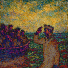 He salutes in farewell and steps into the briny deep