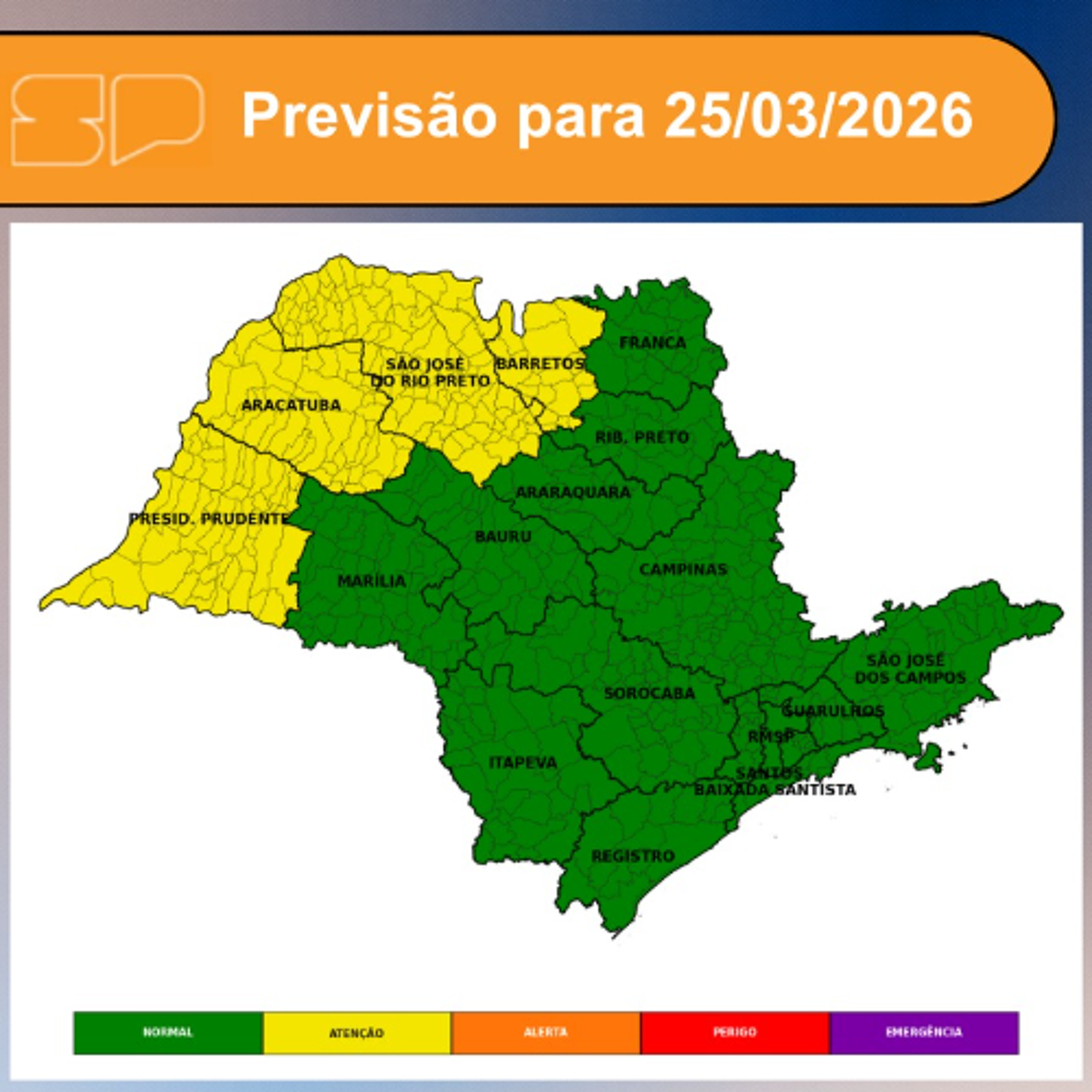 Defesa Civil - Nesta Quarta-feira, dia 25/03/2026, o dia será marcado pelo predomínio de sol entre poucas nuvens em grande parte do estado de São Paulo