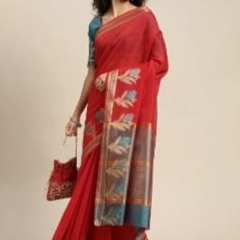 Buy Red with blue floral printed Linen Silk Saree