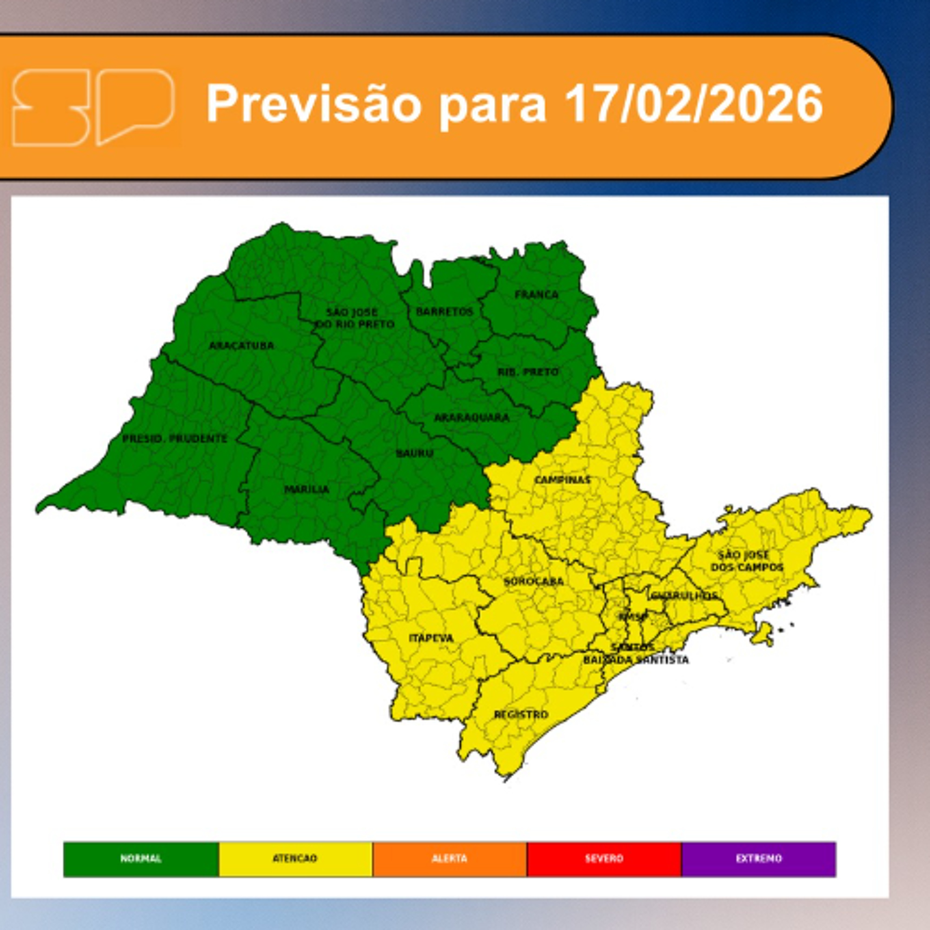 Defesa Civil - Terça-feira, dia 17/02/2026, o dia será marcado por Sol entre muitas nuvens, com períodos de céu nublado