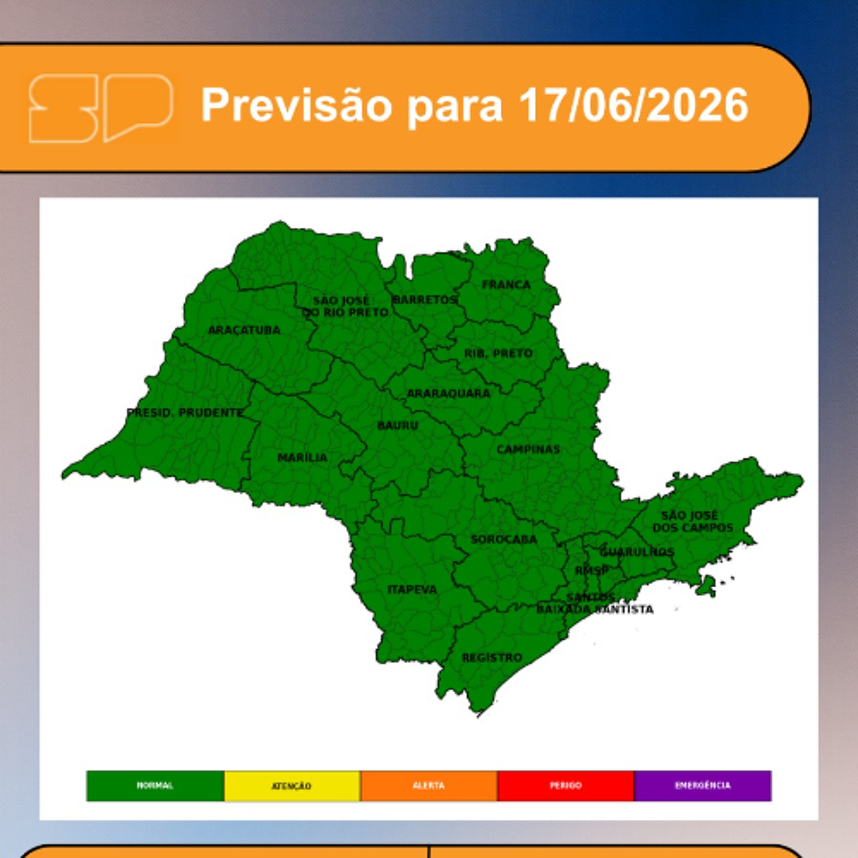 Defesa Civil - Quarta-Feira, dia 17/06, dia será marcado por sol entre nuvens e o tempo ficará firme em praticamente todo o território paulista
