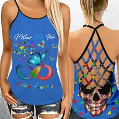 I wear blue for autism awareness criss-cross open back camisole tank top