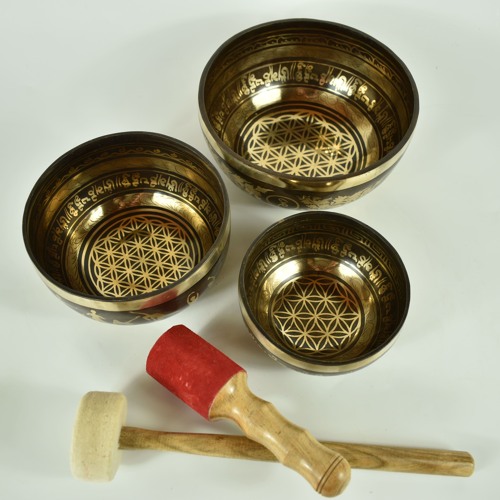 Klangschalen 3er Set - Gravur Blume Des Lebens - 2,6 Kg