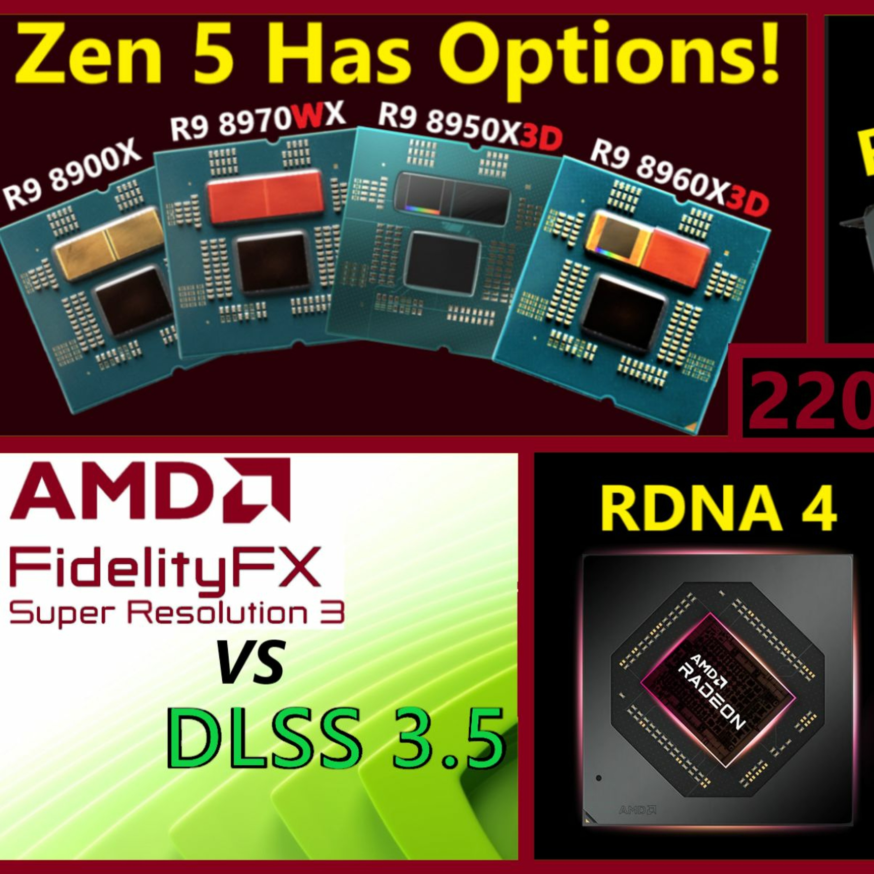 cover of episode 220. Zen 5 X3D Hybrids, RX 7800 / 7700 XT, FSR 3 v DLSS 3.5, RDNA 4, Linus Tech Tips