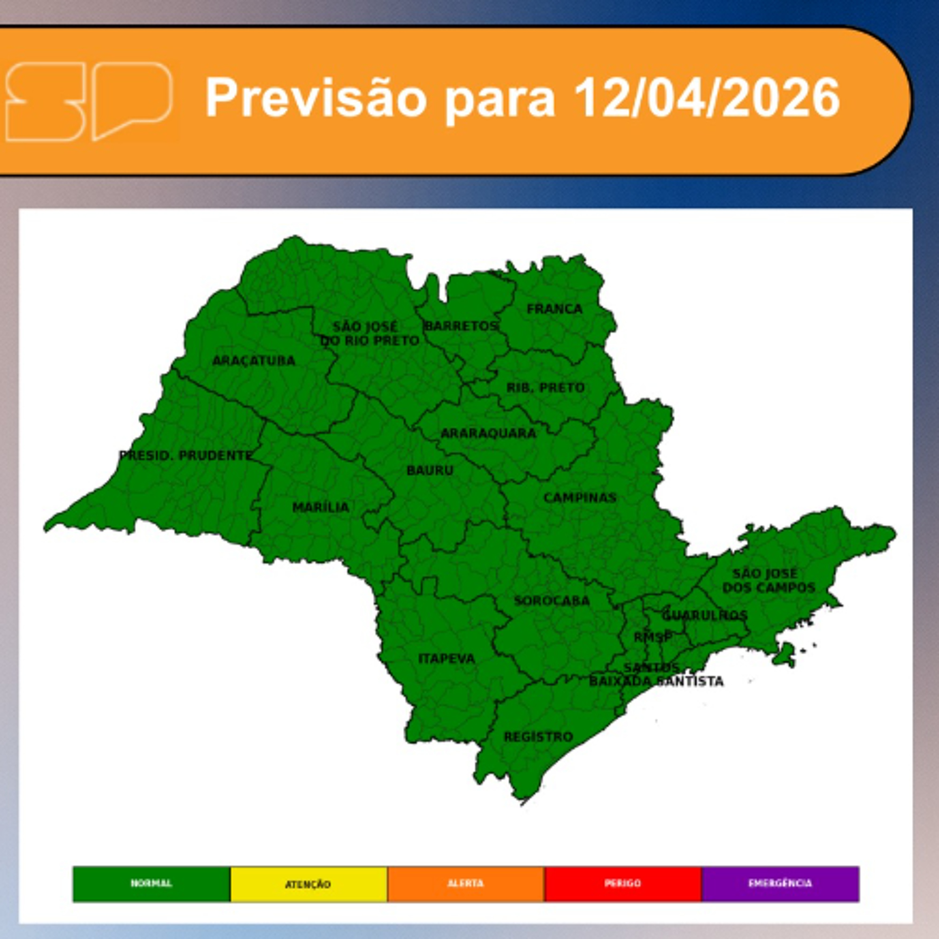 Defesa Civil - Domingo, dia 12/04/2026,  dia será marcado por sol entre poucas nuvens na maior parte do estado de São Paulo