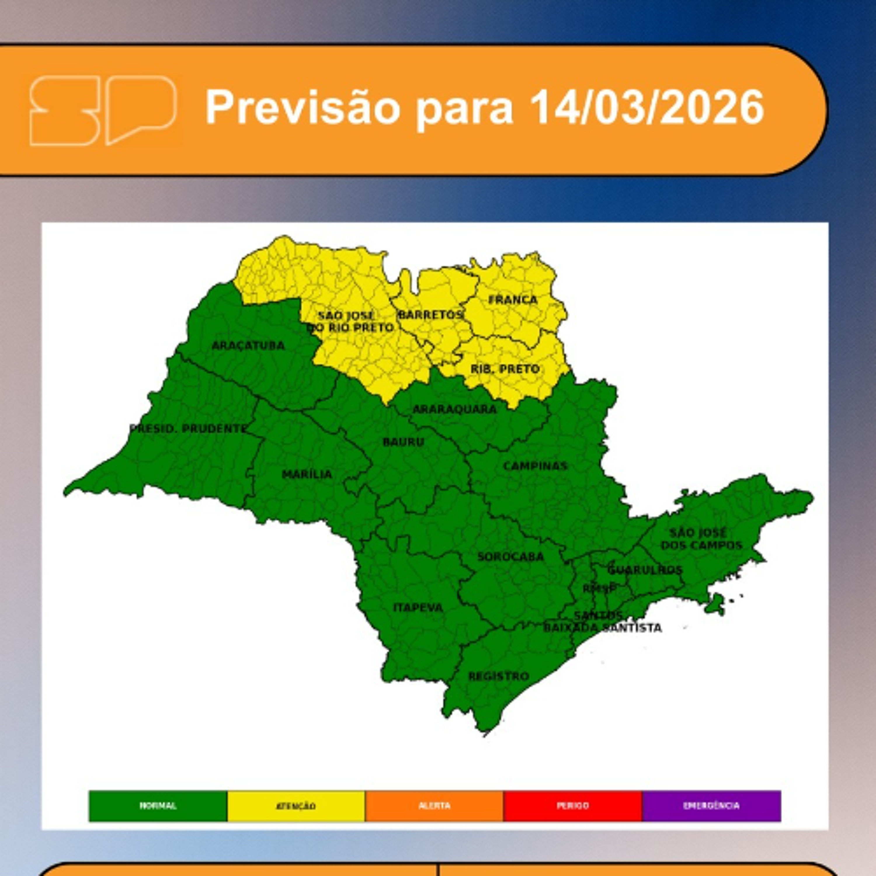 Defesa Civil - Neste sábado, dia 14/03/2026, o tempo deve permanecer predominantemente estável sobre boa parte do estado de São Paulo