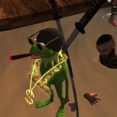 Victory! Kermit The Frog With Two Samurai Swords Smoking A Blunt