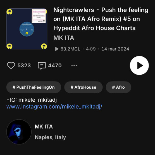 Nightcrawlers - Push the feeling on (MK ITA Afro Remix) #5 on Hypeddit Afro House Charts