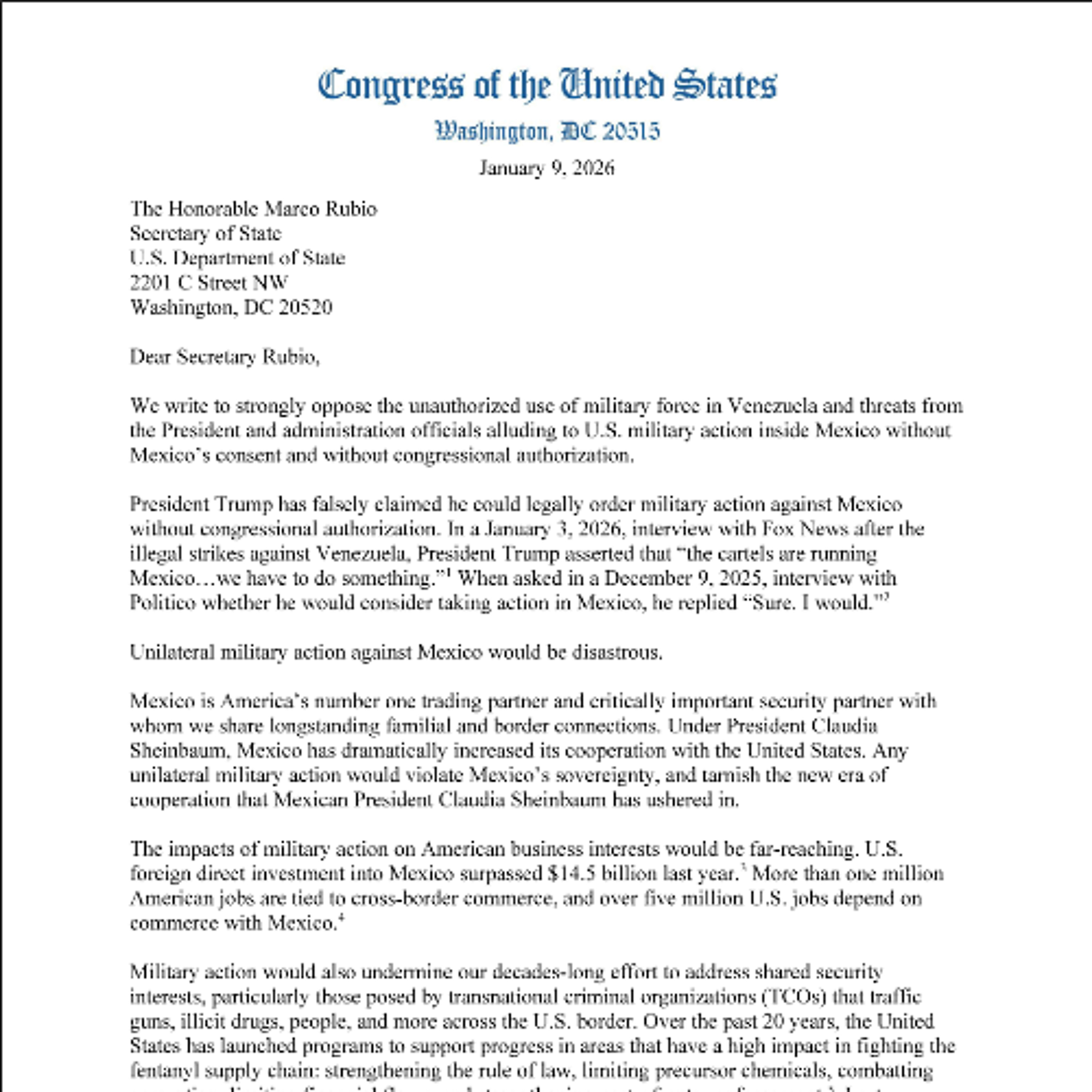 Demócratas advierten de riesgos de una posible acción militar de EE.UU. en México