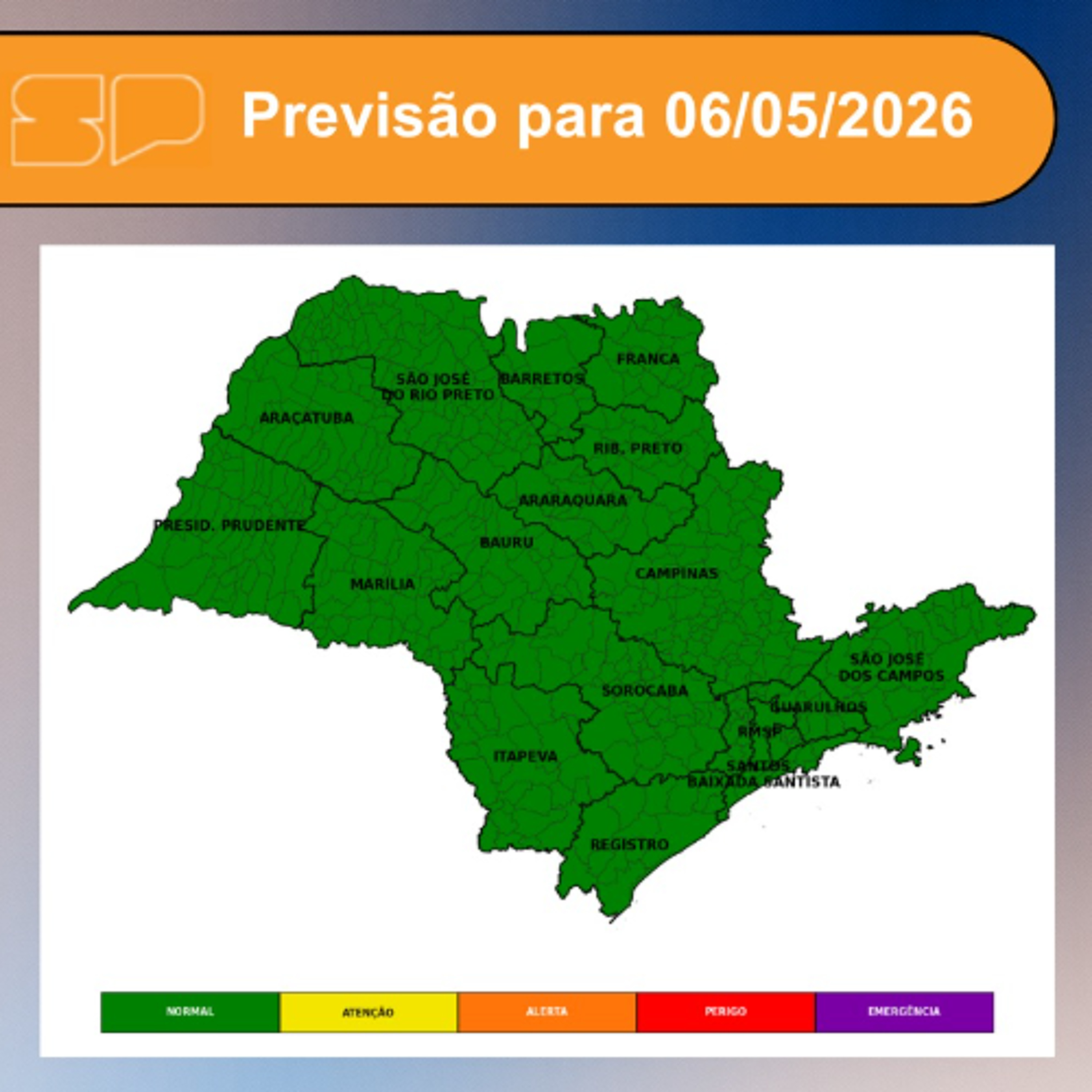 Defesa Civil - Quarta-feira, dia 06/05, o tempo permanece estável em todo o estado de São Paulo