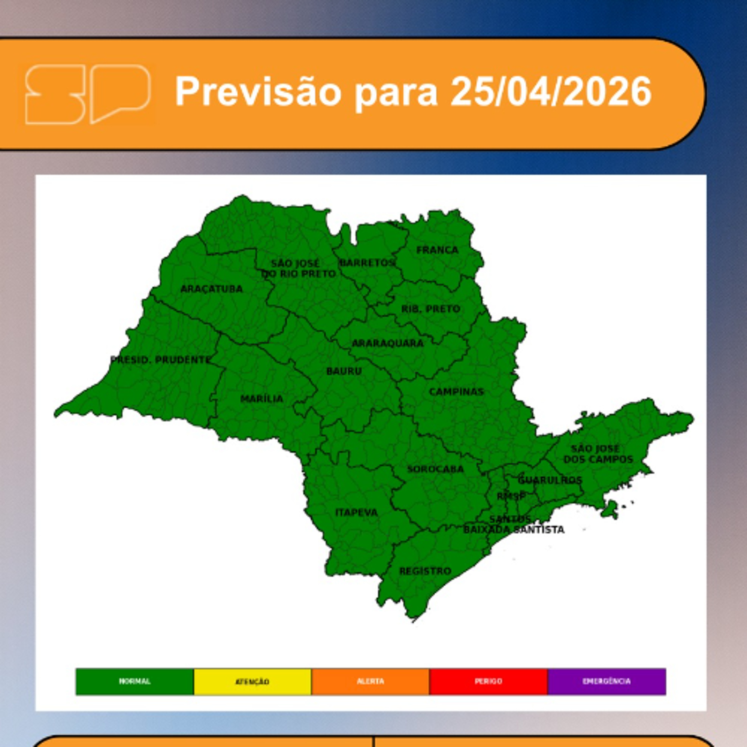 Defesa Civil - Sábado, 25 de abril, o dia erá marcado pelo predomínio de Sol entre poucas nuvens em grande parte do Estado de São Paulo