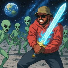 ScHoolboy Q in outer space fighting aliens with an enchanted sword type beat