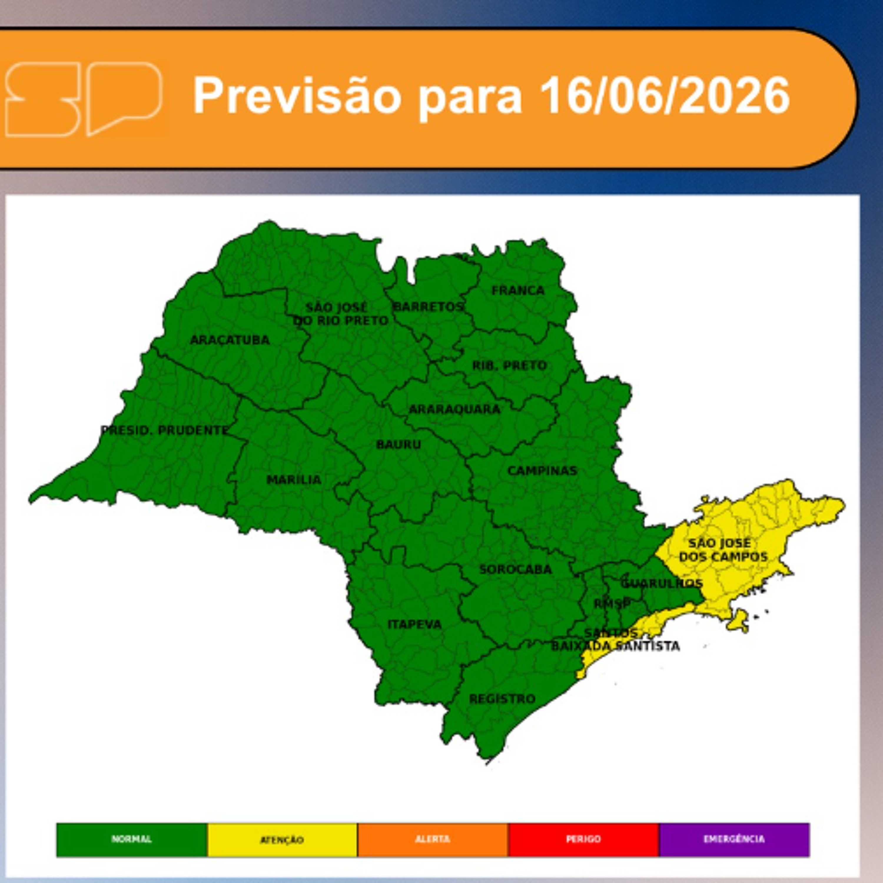 Defesa Civil - Terça-Feira, dia 16/06, o dia começa com céu nublado na maior parte do estado de São Paulo