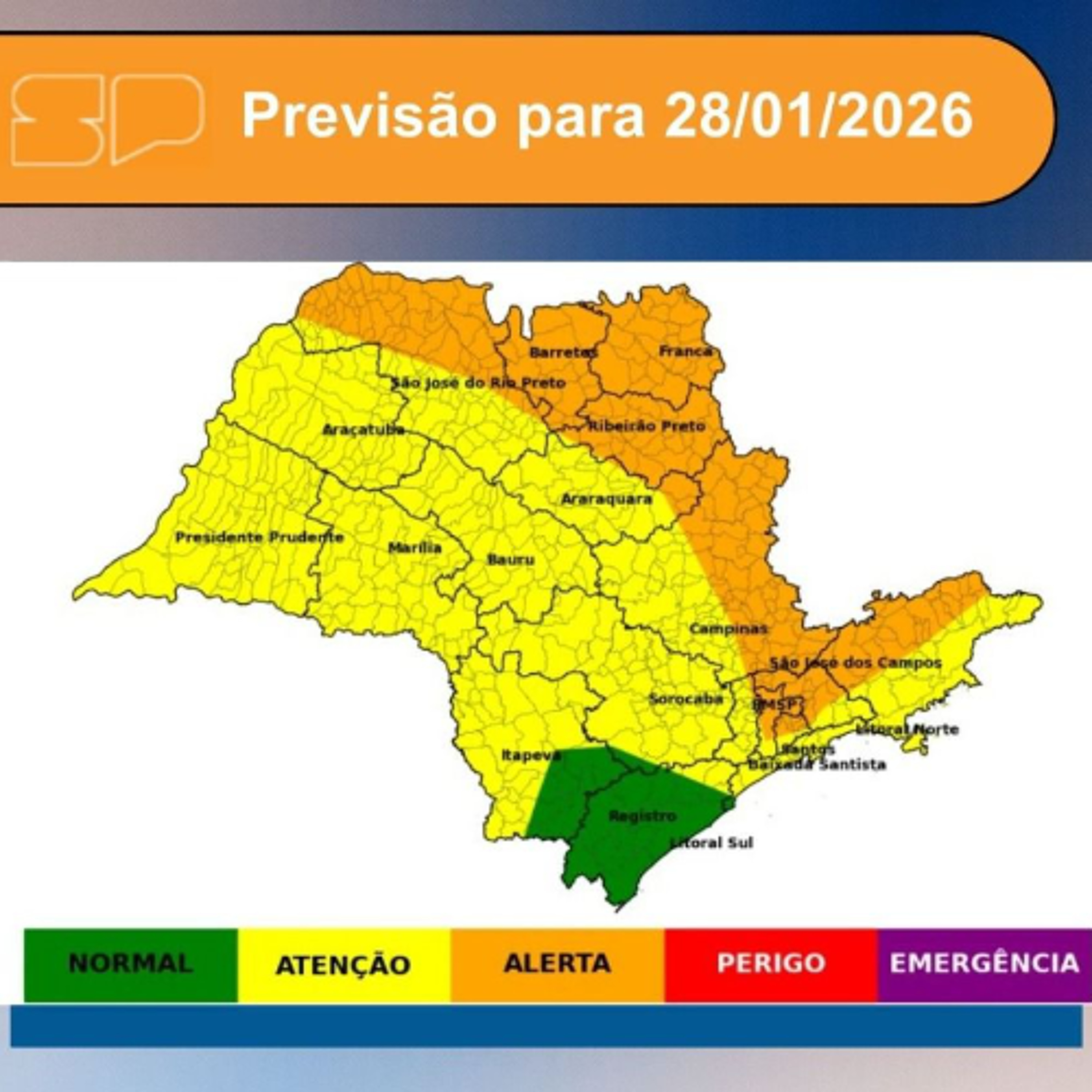 Defesa Civil - Quarta-feira, dia 28/01/2026, o dia será marcado pelo predomínio de sol com algumas nuvens em todo o Estado de São Paulo