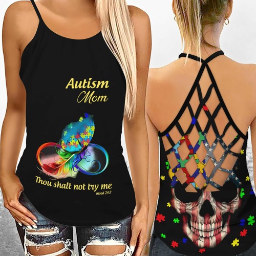 Autism mom thou shalt not try me criss-cross open back camisole tank top