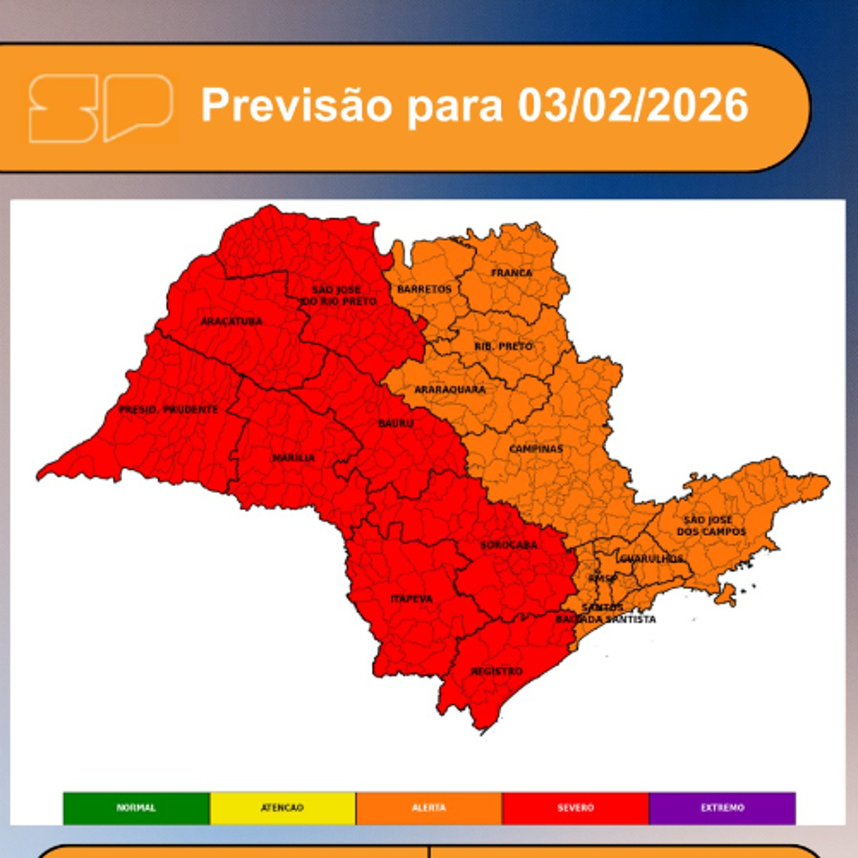 Defesa Civil - Terça-feira, dia 03/02/2026, o Estado de São Paulo terá um dia marcado por muita nebulosidade, devido à presença de um canal de umidade proveniente da região Norte do país
