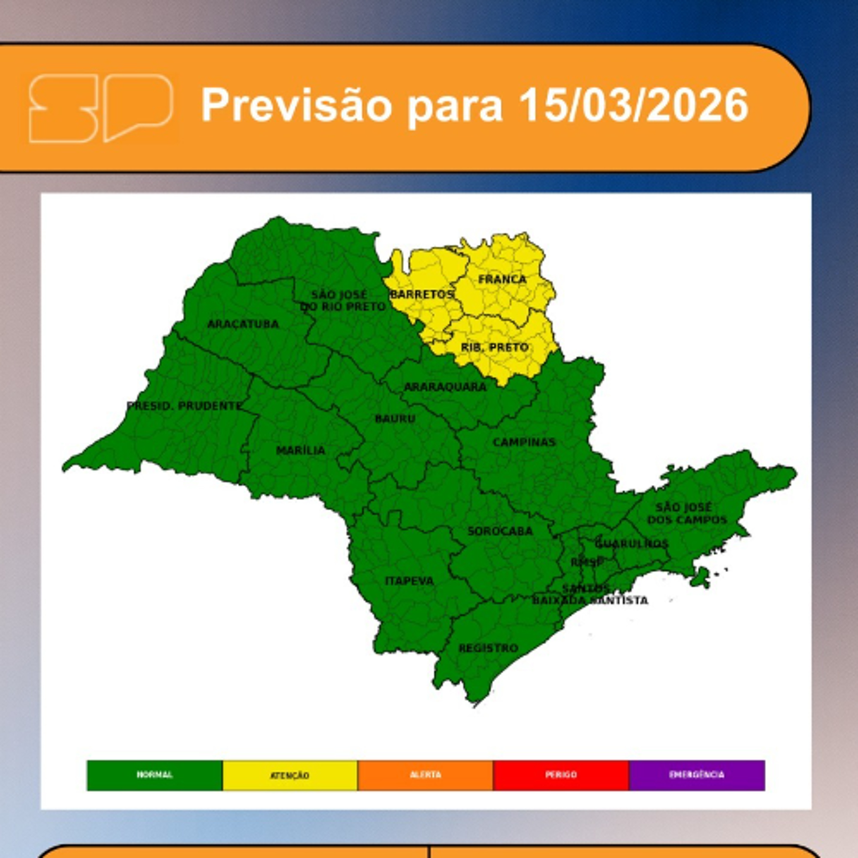 Defesa Civil - Neste domingo, dia 15/03/2026, o dia será marcado por sol entre muitas nuvens