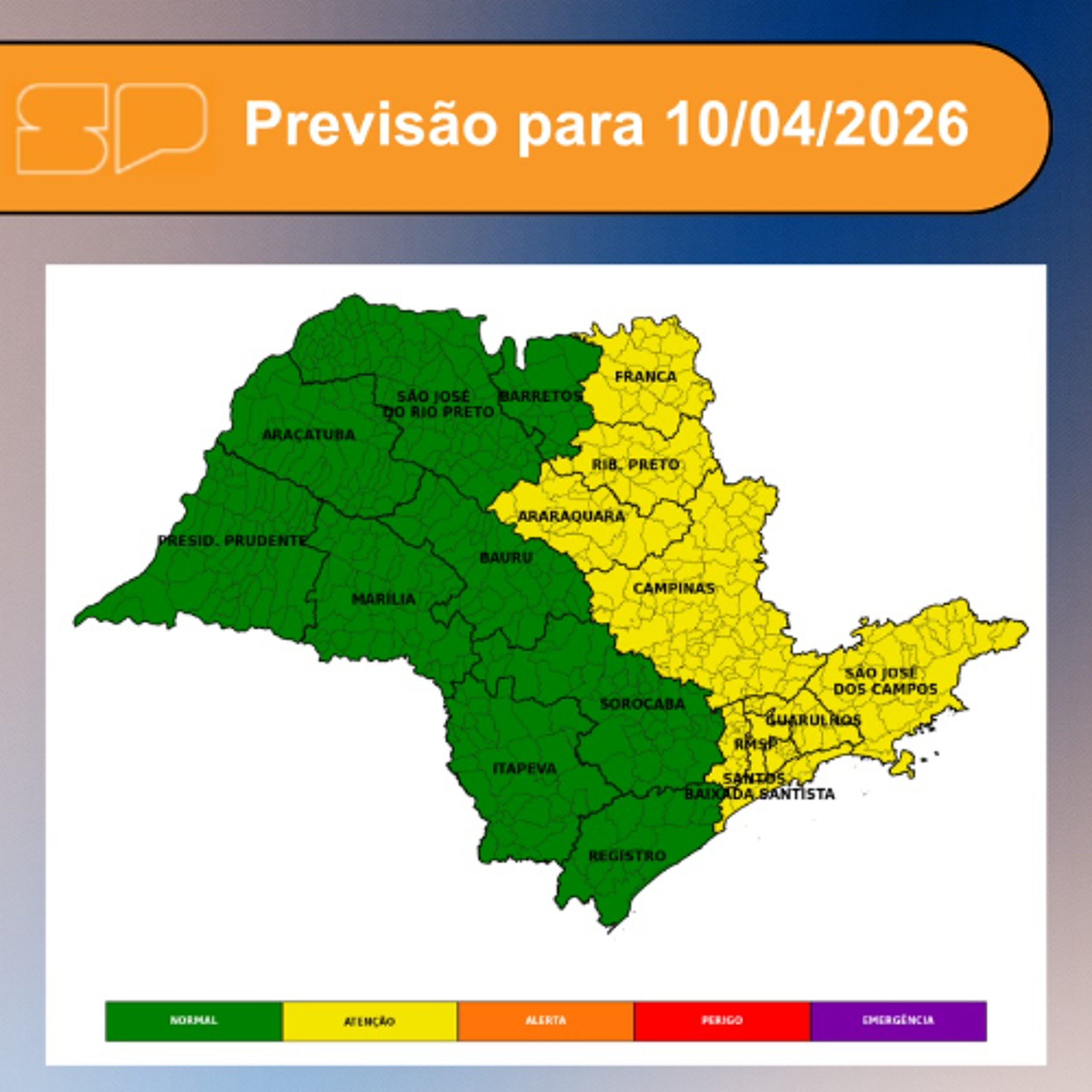 Defesa Civil - Sexta-feira, dia 10/04/2026, o dia começa com céu nublado e tempo firme em todas as áreas do estado de São Paulo