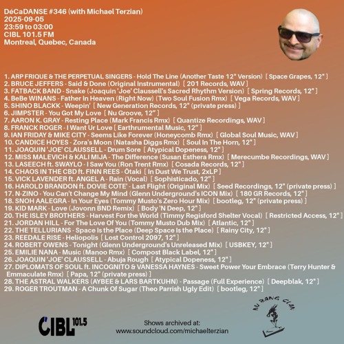 2025-09-05 DJ Michael Terzian pres. DéCaDANSE #346 on Montreal's CIBL 101.5FM